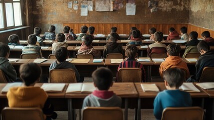 Poster - Students sit in a crowded classroom, each focused on outdated books and materials, highlighting the struggle for quality education. Generative AI