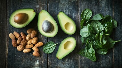 Wall Mural - Assorted protein-rich vegetables and fruits, including avocado, spinach, and almonds, arranged on a rustic wooden table.