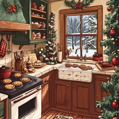 Canvas Print - Cozy kitchen decorated for Christmas with a snowy window view, a Christmas tree, and freshly baked treats.