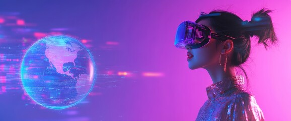 Canvas Print - A young woman wearing virtual reality glasses against a dark background. A smartphone uses with a virtual reality headset. A futuristic technology concept showing a woman using VR glasses against