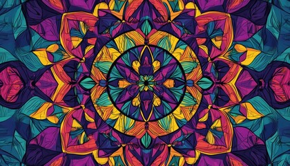 Vibrant mandala line art illustration featuring kaleidoscopic abstract shapes Intricate geometric patterns create a symmetrical graphic design for fabric textile or paper Colorful digital art piec