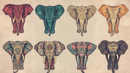 Collection of Ornamental Elephant Designs featuring various colors and line art styles