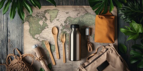 Sustainable travel items such as a reusable water bottle, bamboo utensils, eco-friendly sunscreen, and a canvas tote bag, arranged with a map and a nature-inspired backgr