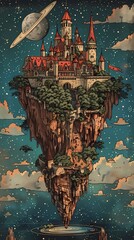 Wall Mural - beautiful castle on a planet in galaxy illustration poster background