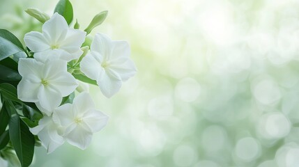 Wall Mural - Delicate jasmine flowers with a soft, out-of-focus background, providing space for text on the left.