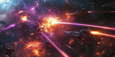 A dramatic space battle with spaceships firing laser beams at each other, with explosions and colorful laser trails streaking through the dark vacuum of space.