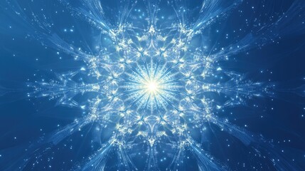 Abstract blue background featuring a line art illustration of a fractal star explosion adorned with glossy elements and intricate lines