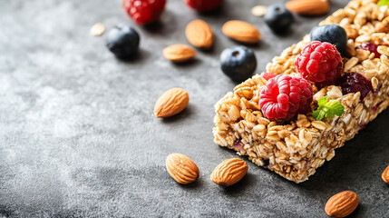 close up Granola bar with nuts, fruit and berries with copy space. Healthy sweet dessert snack. 