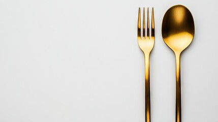 A luxurious golden spoon and fork set neatly placed on a clean white background. Elegant and sophisticated cutlery for upscale dining settings.