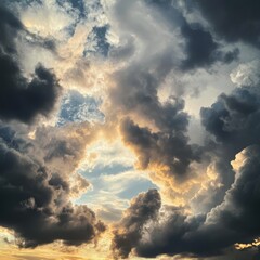 Wall Mural - Dramatic sky with dark clouds and a glimpse of blue sky and sun.