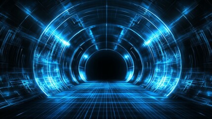 Wall Mural - in a futuristic room with a dark blue spaceship interior lit by glowing neon tunnel lights, there is