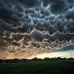 Wall Mural - Dramatic storm clouds form over a suburban landscape at sunset.