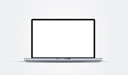 Laptop computer mockup with white screen. Computer notebook with empty screen. Laptop isolated with blank desktop display mock up. Modern gray Pc vector background.