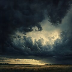 Canvas Print - Dramatic stormy sky over a field of golden wheat with a sliver of sunlight peeking through the dark clouds.