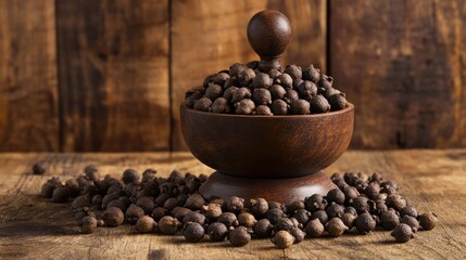 Canvas Print - Black Peppercorns in Wooden Bowl on Rustic Table