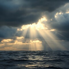 Sticker - Dramatic sunbeams burst through dark clouds over a choppy ocean.