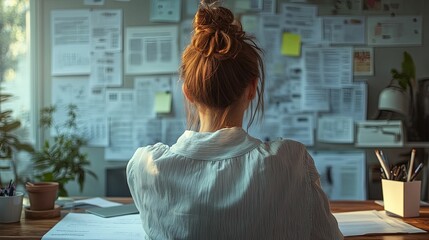 Woman with Bun Sitting at Desk Facing Papers