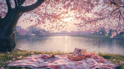 Wall Mural - fashion photography, realistic photograph, wide angle shot of a picnic blanket on a canal during cherry blossom season in japan, afternoon, sun, 