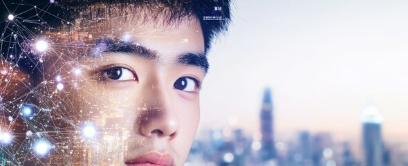 Poster - An Asian businessman's eye in double exposure with a futuristic technology visual effect and the city skyline in the background at sunrise