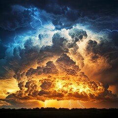 Wall Mural - Dramatic thunderstorm with lightning strikes and dark clouds over a field.