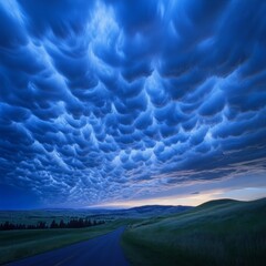 Sticker - Dramatic, undulating clouds fill the sky above a rural road, creating an ethereal and awe-inspiring scene.