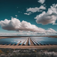 Wall Mural - Expansive solar panels in the desert under a blue sky with fluffy white clouds.