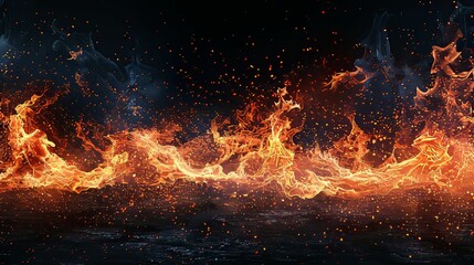 A Fiery Wave of Flames with Sparks on a Dark Background