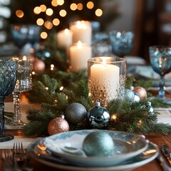 Sticker - Festive table setting with candles, ornaments, and greenery.