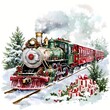 © antusher - A vintage steam train in a Christmas theme, painted in watercolor style with red and green accents