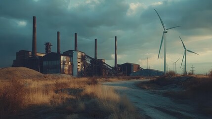 Poster - Wind turbines loom over decommissioned coal mines, representing a shift towards renewable energy in a repurposed industrial zone. Generative AI
