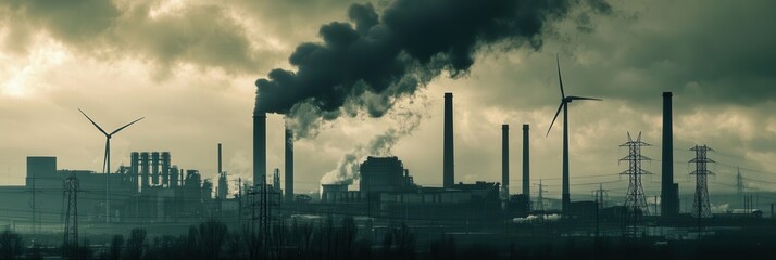 Poster - A stark contrast illustrates the shift from coal mining to wind energy, with turbines standing next to abandoned factories and smoke. Generative AI