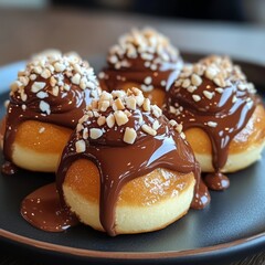 Canvas Print - Four chocolate-covered donuts with chopped nuts on a black plate.