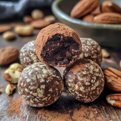 Wall Mural - Four chocolate-covered energy balls with cocoa powder and nuts on a wooden surface.