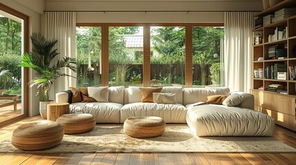 Bright, cozy living room with modern furniture, large windows, and abundant natural light overlooking a lush green garden.