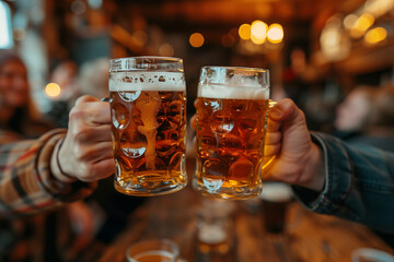 Close-up of two glasses of beer in the hands of men, Oktoberfest celebration