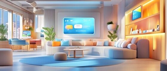 Sticker - Modern Living Room Interior Design with Blue Accent Wall and Comfortable Seating.