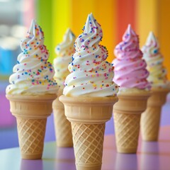 Wall Mural - Four ice cream cones with soft serve ice cream and colorful sprinkles.