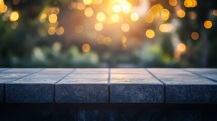 Wall Mural - A blurred background with warm bokeh lights, featuring a stone surface in the foreground, suggesting a tranquil outdoor setting.