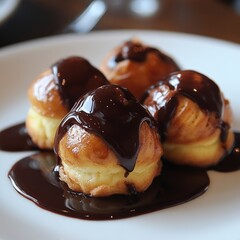 Poster - Four profiteroles topped with rich, dark chocolate sauce on a white plate.