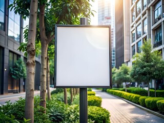 Wall Mural - A blank white billboard stands tall amidst a lush green urban landscape. ready to showcase your message.