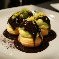 Wall Mural - Four profiteroles with chocolate sauce and green citrus zest on a white plate.