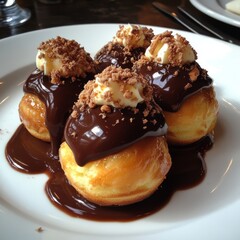 Wall Mural - Four small pastries topped with whipped cream and chocolate sauce on a white plate.