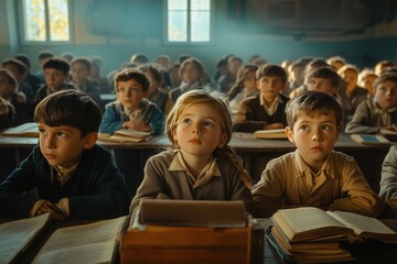 Aufkleber - Students attentively engage with old educational materials in an overcrowded classroom, displaying a strong desire to learn. Generative AI