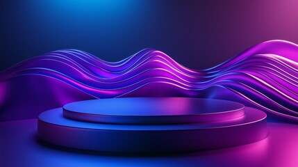 A 3D podium with a smooth, metallic texture resembling an alien world, highlighted on a dark purple and blue gradient background