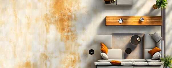 Wall Mural - Modern Living Room Interior Design with White Sofa and Orange Pillows.