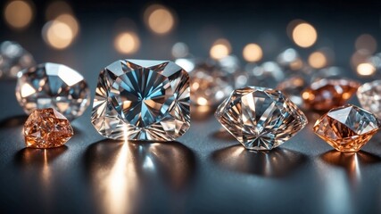 Shimmering diamonds with sparkling facets on light background.