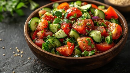 vibrant mediterranean salad in rustic wooden bowl overhead view fresh tomatoes cucumbers and ancient grains on rich brown textured background with ample space for text