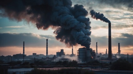 Smoke Plume from Industrial Factory Chimney Polluting Moody Sky Skyline.