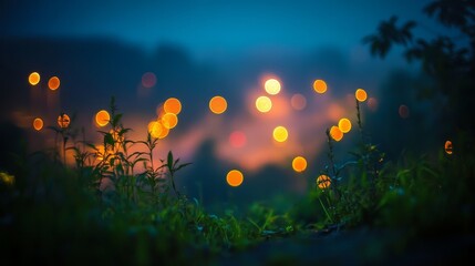 Wall Mural - A serene nighttime landscape with blurred city lights and grass in the foreground, creating a dreamy atmosphere.