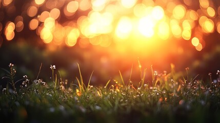 A serene sunset illuminating a field of flowers and grass, creating a warm and tranquil atmosphere.